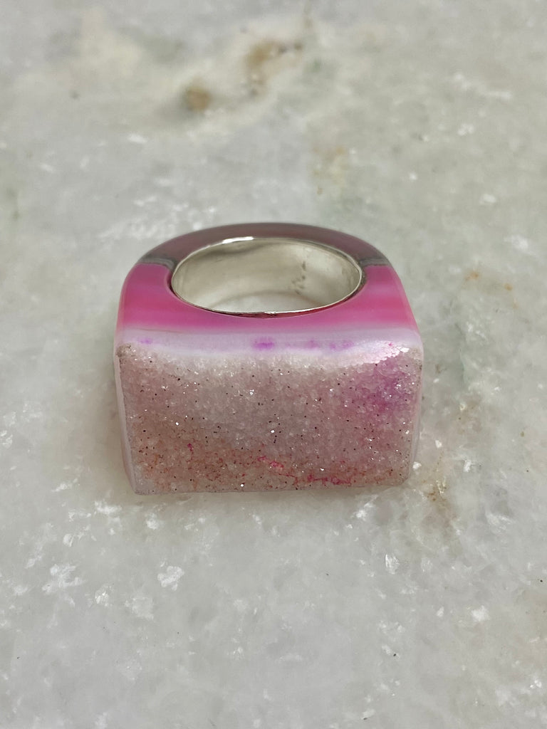 Agate chunky Ring-Pink Druzy Variation